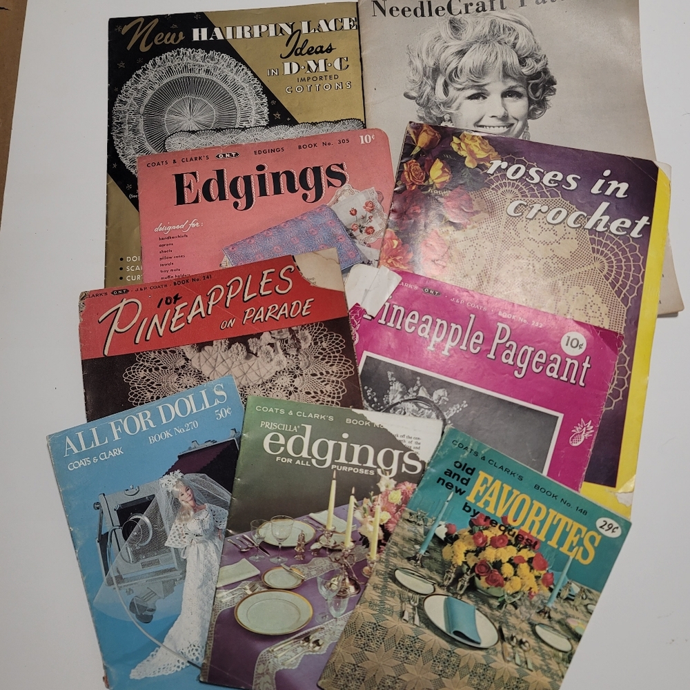 Lot 9 Vintage Knitting Crochet Pattern Lace Dolls Doilies Bedspreads Edging